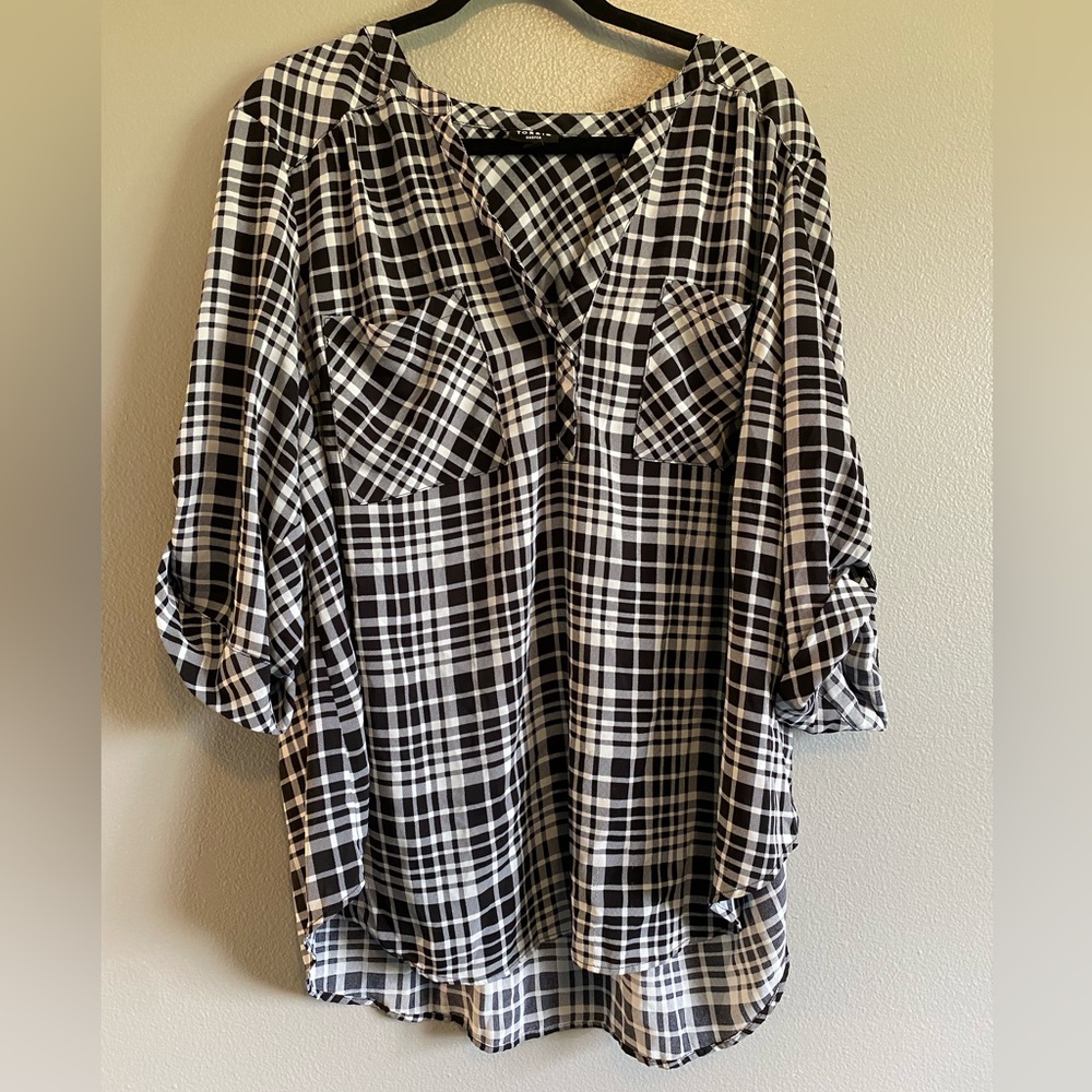 Torrid Harper Studio crepe de chine pullover 3/4sleeve plaid black top +size 3